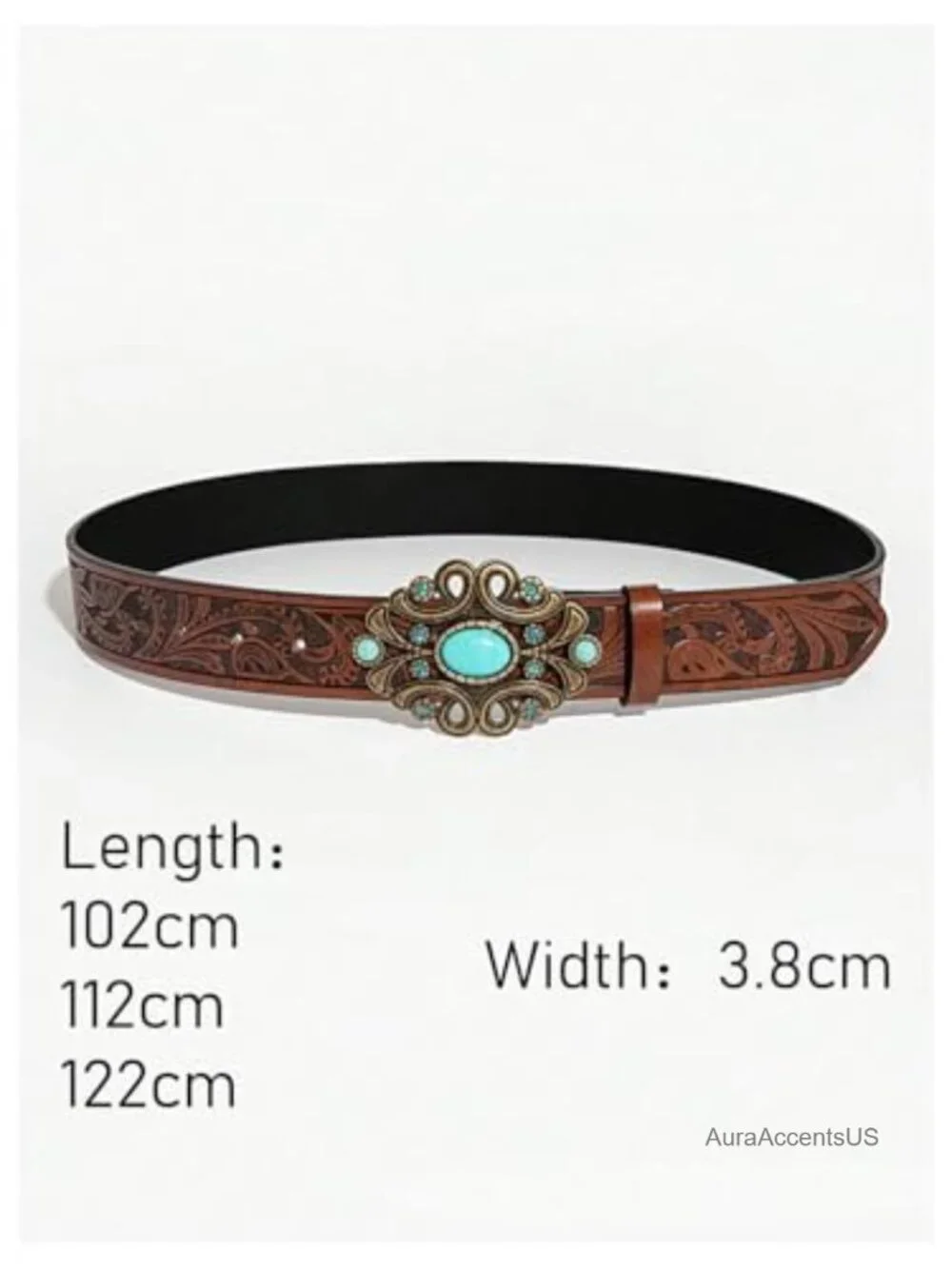Faux Leather Embossed Western Cowgirl Belt Ornate Turquoise Buckle